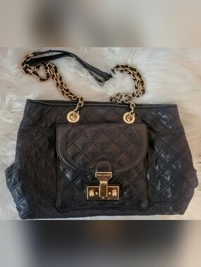Marc Jacobs Black Quilted Leather Bag Astor, Gold Hardware, Locking Front W/Key